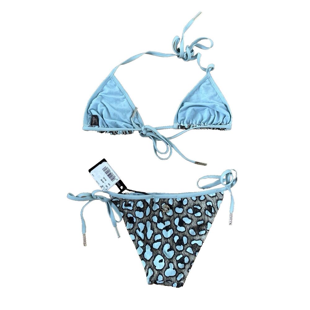 Roberto Cavalli Beachwear Leopard Bikini Set Blue Trim Azzurro Sz 38 IT/XXS NEW - Picture 3 of 11